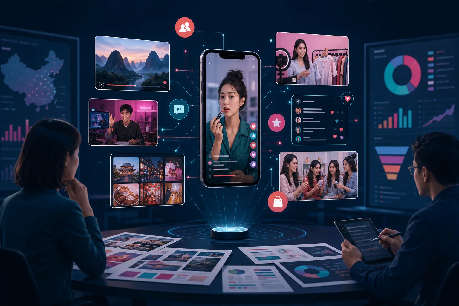 China social media marketing strategy team reviewing content and audience performance